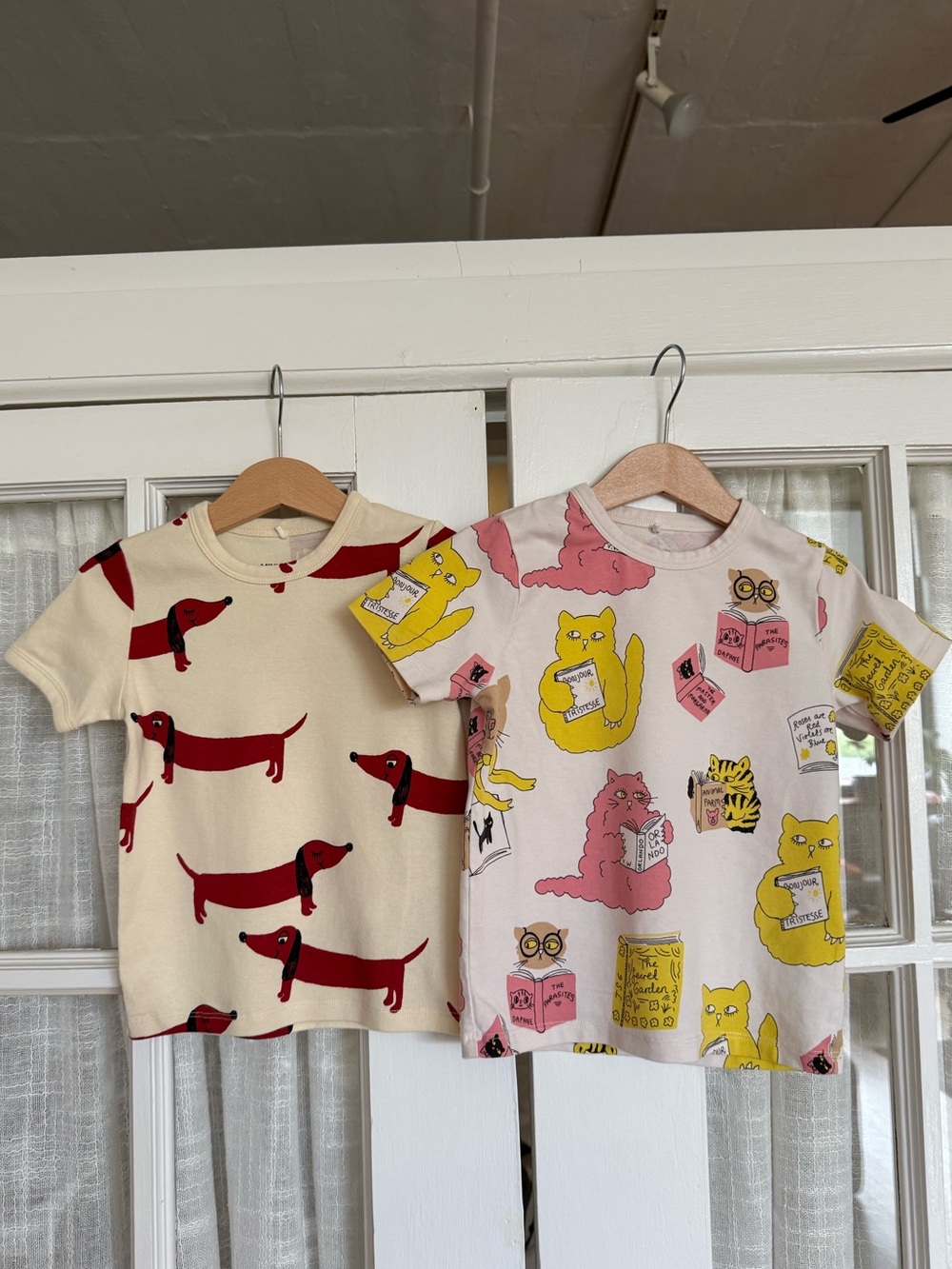 Mini Rodini Red Dachshund Cream Tee & Pink Cat Print Tee